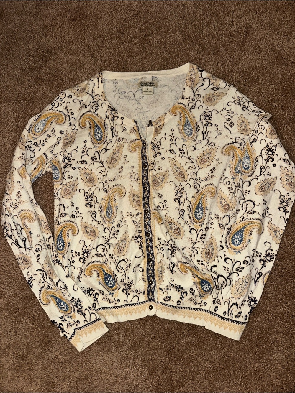 Vintage Lucky Brand Cream Paisley Button up Cardigan with Gold & Navy Accents
